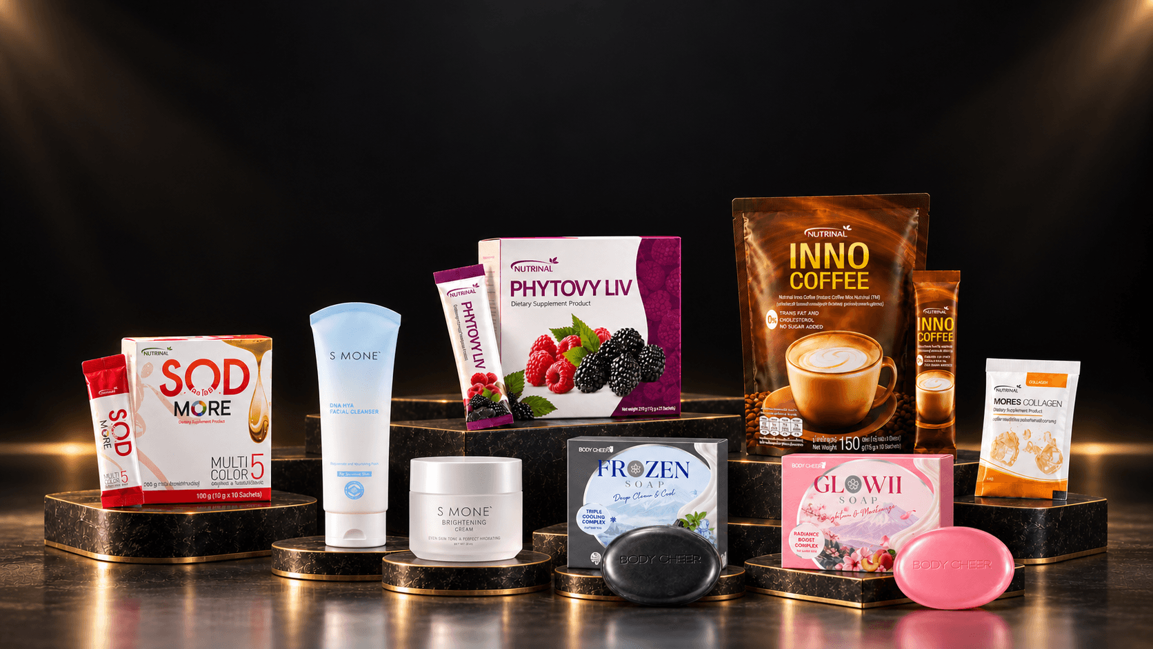 ATP Trading products: Phytovy Liv, Inno Coffee, S.O.D More, Mores Collagen, S Mone skincare, Frozen and Glow II soaps